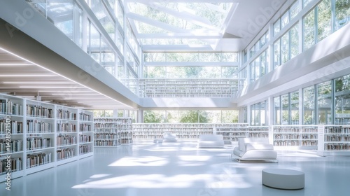Fototapeta Naklejka Na Ścianę i Meble -  Spacious modern public library with open floor plan, minimalist white shelves, and large windows flooding the space with natural light