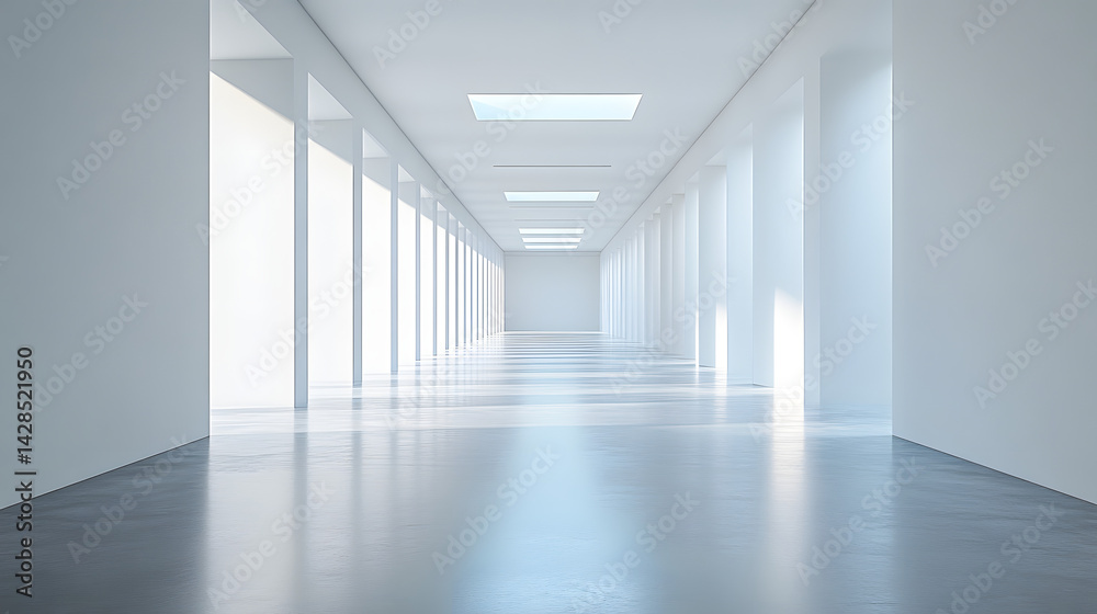 Modern gallery with minimalist architecture tranquil environment against a pure white background Modern gallery with minimalist architecture tranquil environment against a pure white background