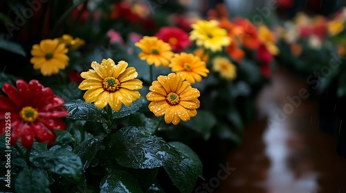 Colorful flowers in rain, garden path photo