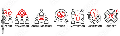 Collaboration banner web icon vector illustration concept for teamwork and working together with icons of support, teamwork, communication, trust, handshake, motivation, inspiration, and success 
