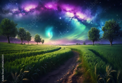 Vibrant Green Field Beneath Expansive Night Sky with Aurora and Stars