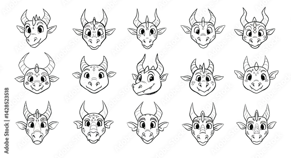 Fototapeta premium Cartoon cow faces with various expressions and horn styles vector illustration for character design and animation 
