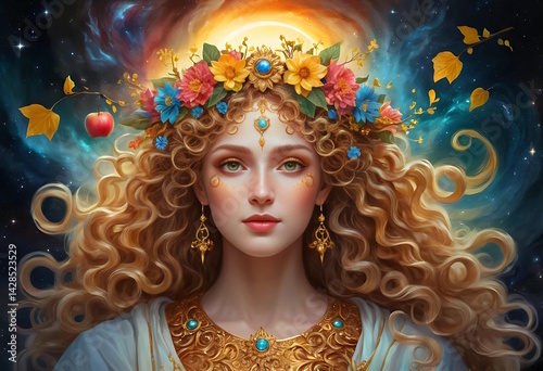 Ethereal Goddess in Celestial Realm with Golden Hair and Floral Crown