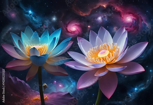 Colorful Lotus Blooms in Mystical Cosmic Space Fantasy Artwork
