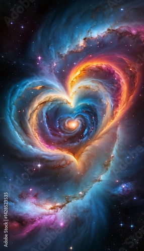 Colorful Cosmic Nebula Forming a Heart Shape in Outer Space