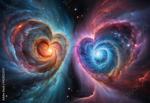 Two Vibrant Galactic Hearts in Dynamic Cosmic Nebula Scene