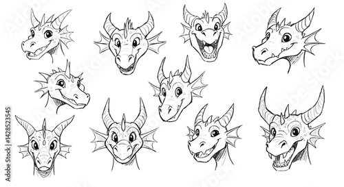 Dragon head sketches in various expressions with detailed horns and scales for fantasy design elements vector illustration 
