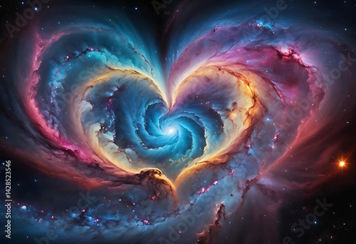 Colorful Cosmic Nebula Forming a Heart Shape in Outer Space