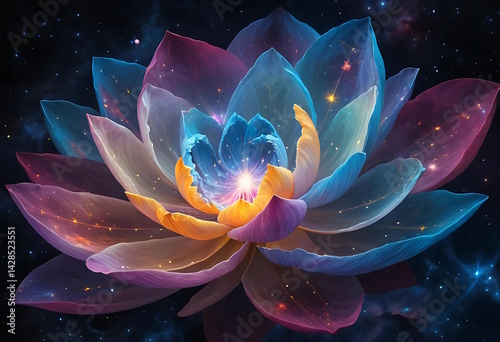 Ethereal Multicolored Lotus Blooming in Cosmic Space Filled with Starlight