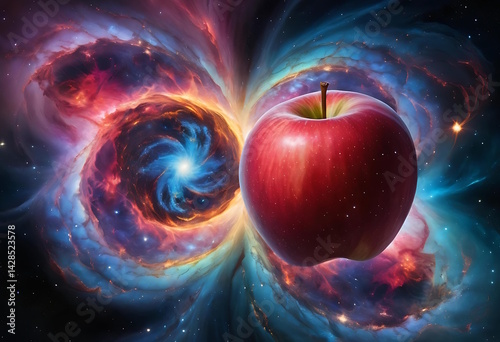 Red Apple Floating in a Cosmic Nebula with Vibrant Colors