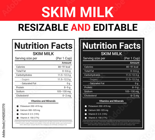 Skim Milk Nutrition Facts, Skim Milk Label, Nutrition Information, Food Label Template,Fat-free milk nutritional valuecoconut milk nutrition facts, milk nutrition facts, nutrition label