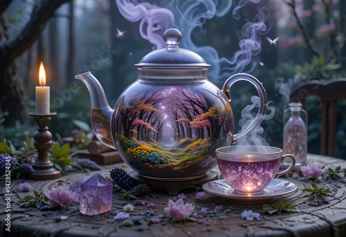 Magical Teapot with Enchanted Forest Reflected Amidst Floral Atmosphere