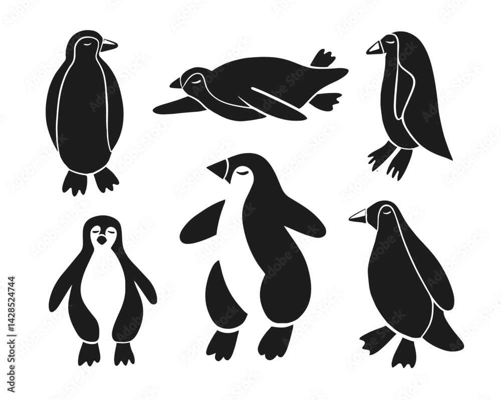 Obraz premium Vector isolated illustration of a set of penguins on a white background.