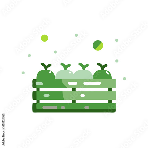 Wooden crate with green apples icon in flat fresh style