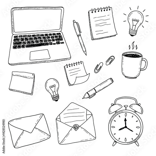 Laptop pen notepad light bulb coffee cup alarm clock and office supplies vector illustration set for workspace organization and creativity 