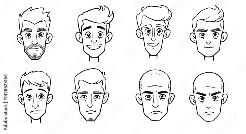 Fototapeta premium Male face expressions vector set showing different emotions and hairstyles in black line art style 