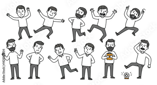 Cartoon man expressing various emotions and actions in black and white vector illustration 