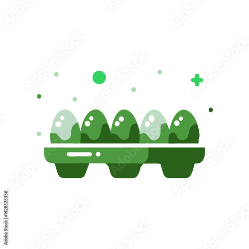 Egg carton icon with green eggs in cartoon flat style