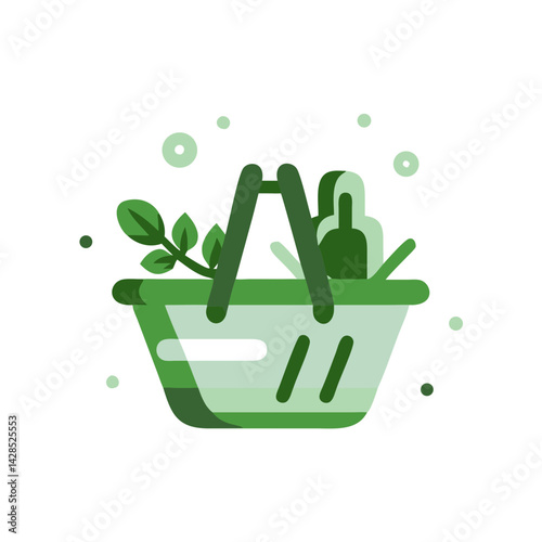 Grocery basket with greens icon in flat eco food style