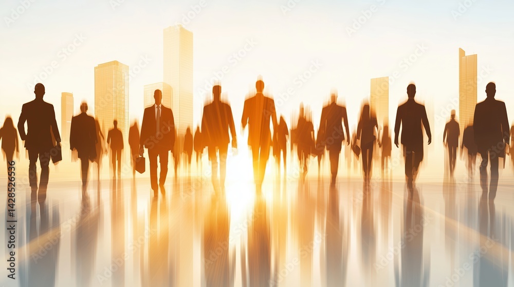 Fototapeta premium Silhouettes of business people walking in city at sunrise with motion blur, urban workforce and corporate success concept