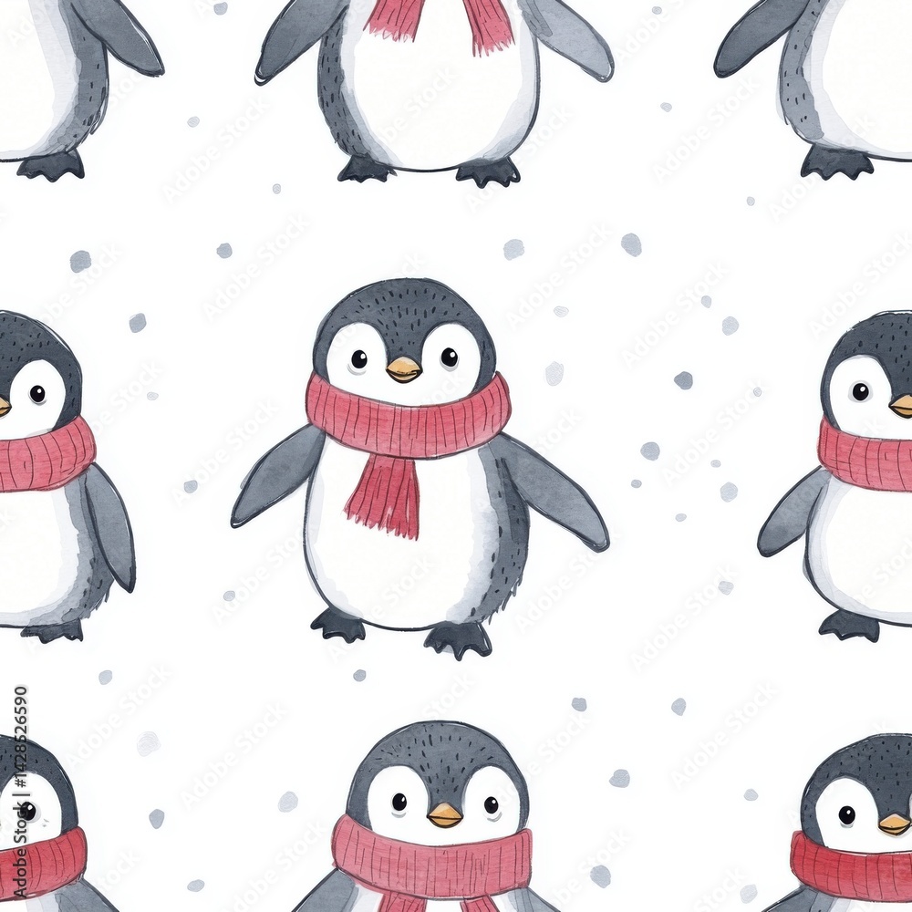 Fototapeta premium A delightful seamless pattern featuring adorable watercolor baby penguins wearing cozy red scarves, surrounded by falling snowflakes.