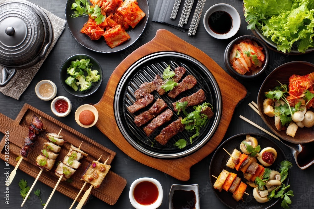 Delicious Korean Barbecue Feast with Assorted Sides and Dishes