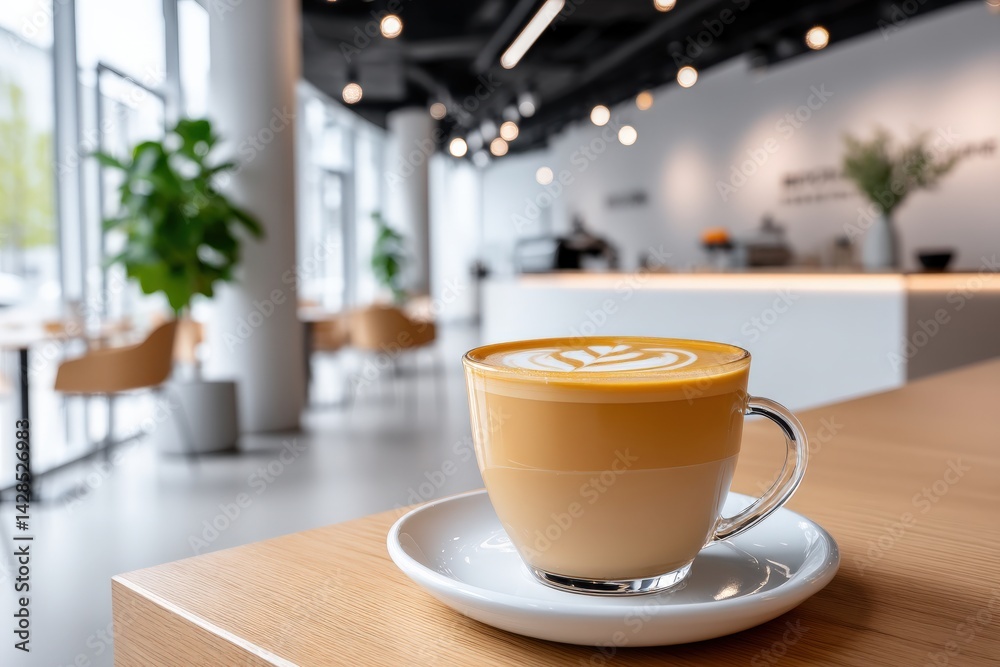 Delicious latte art in a modern cafe setting with natural light