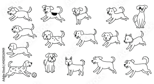 Various dog breeds outlined in simple black vector illustration collection for pet and animal design projects 