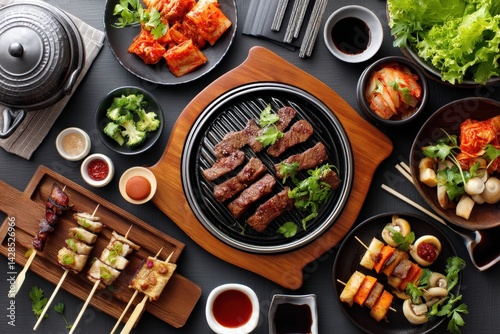Obraz na płótnie Delicious Korean Barbecue Feast with Assorted Sides and Dishes w salonie