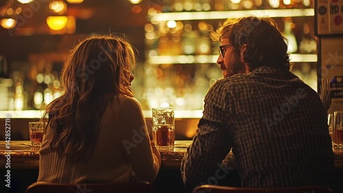 Intimate evening at a cozy bar with a couple enjoying drinks and soft lighting ambiance