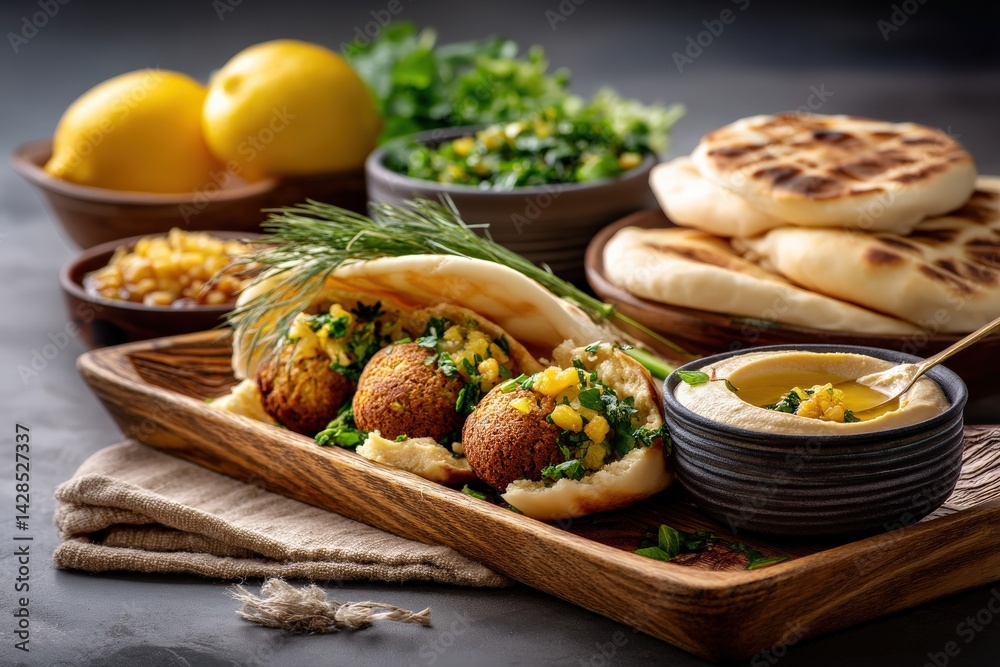 Delicious Middle Eastern Dish with Falafel, Pita, and Fresh Ingredients