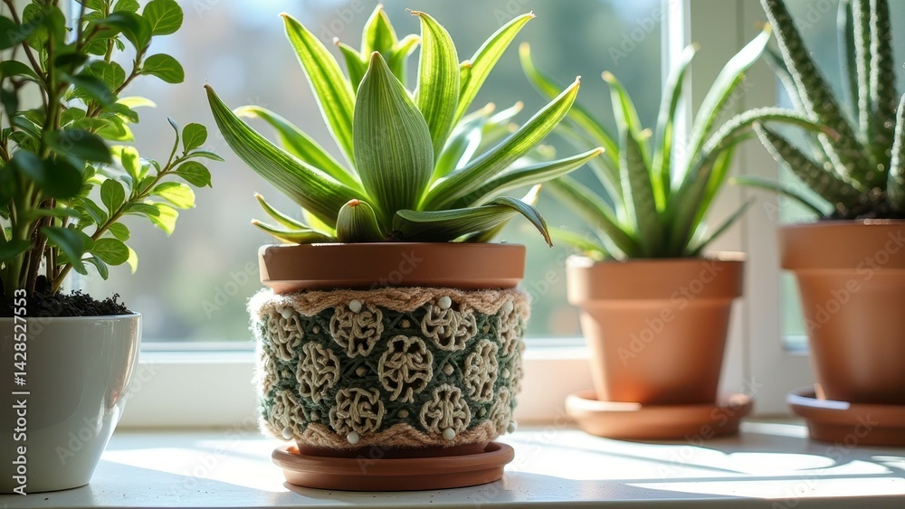 Fototapeta premium Sunlit succulents in knitted pot cover by window with clay pots