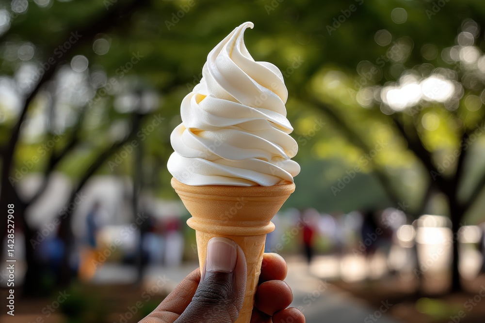 Delicious Soft Serve Ice Cream Cone in a Summer Park Setting