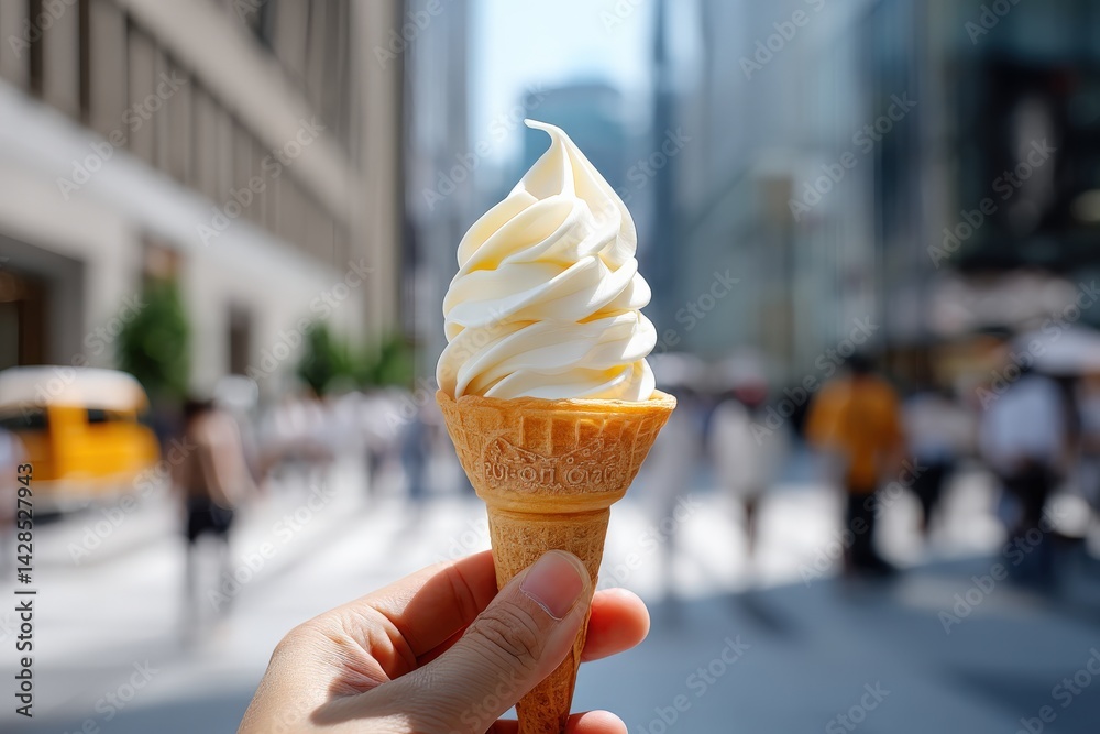 Delicious Soft Serve Ice Cream Cone on a Busy Urban Street