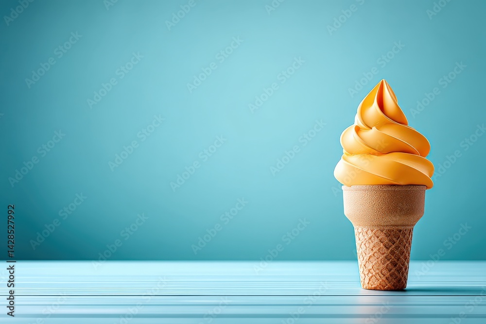Delicious Soft Serve Ice Cream Cone with Orange Flavor on Blue Background