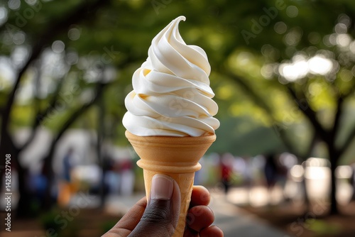 Obraz na płótnie Delicious Soft Serve Ice Cream Cone in a Summer Park Setting w salonie