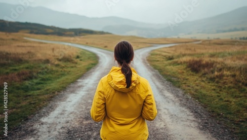 A woman standing at a fork in the road facing choices