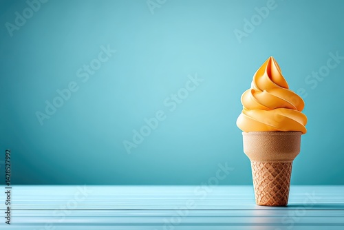 Obraz na płótnie Delicious Soft Serve Ice Cream Cone with Orange Flavor on Blue Background w salonie