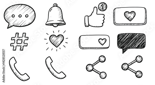 Hand drawn social media icons with heart like notification and phone symbols in sketch style vector illustration 