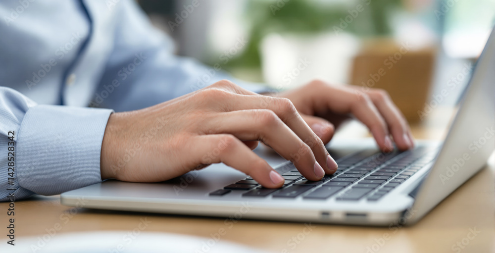 Close-up of person's hands typing on laptop keyboard, realistic style, indoor office background, concept of business communication and productivity. Ai generative Close-up of person's hands typing on laptop keyboard, realistic style, indoor office background, concept of business communication and productivity. Ai generative