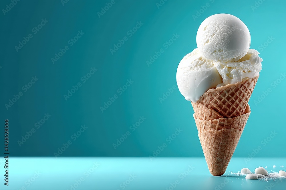 Delicious White Ice Cream Scoops in a Crisp Cone on Blue Background