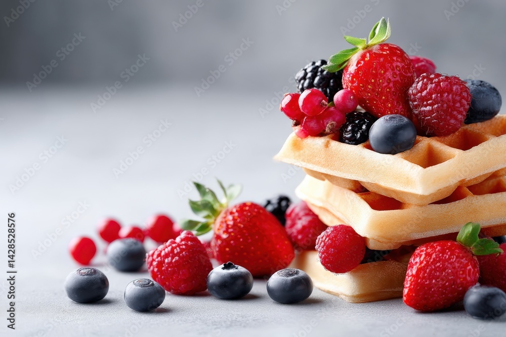 Delicious Waffles Topped with Fresh Berries and Mint Leaves