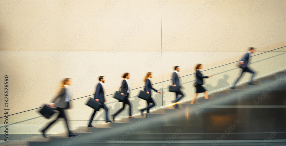 Obraz premium Business people in suits walking upstairs with motion blur, minimal beige wall background, concept of career growth, teamwork, and success. Ai generative