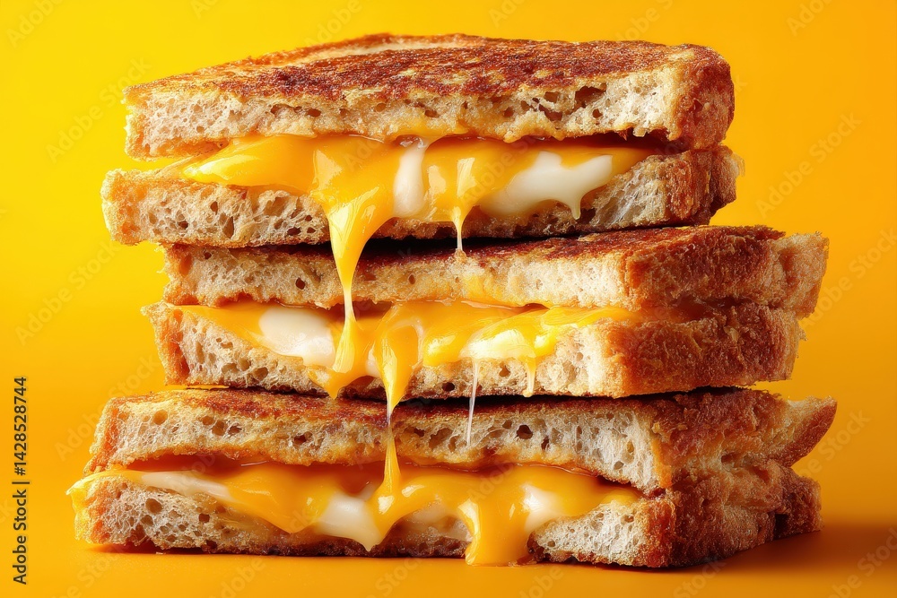 Deliciously Melted Cheese Sandwich Stacked on Vibrant Yellow Background