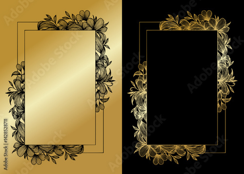 Vector frames with baroque plant ornament on black and gold background, frame in two versions