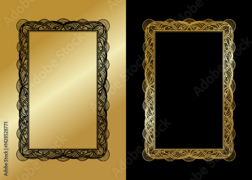 Classic vector frames with filigree ornament on black and gold background, frame in two versions