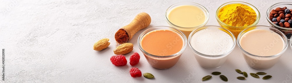 Rejuvenation Through Detox and Nutrient-Rich Wellness Choices, Various colorful spices and powders in bowls, accompanied by herbs and seeds on a light surface.