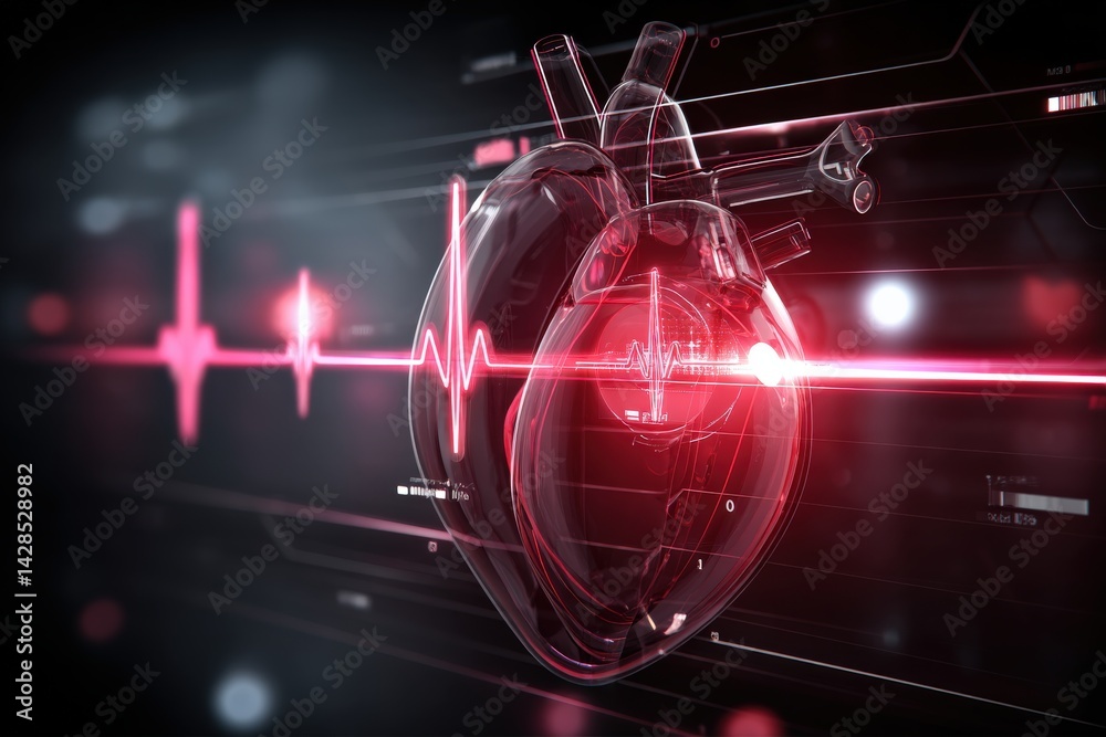 Digital Heart Visualization with EKG Line and Futuristic Elements