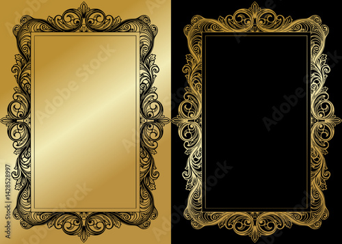Detailed vector frames with rich floral baroque elements on black and gold background, frame in two versions