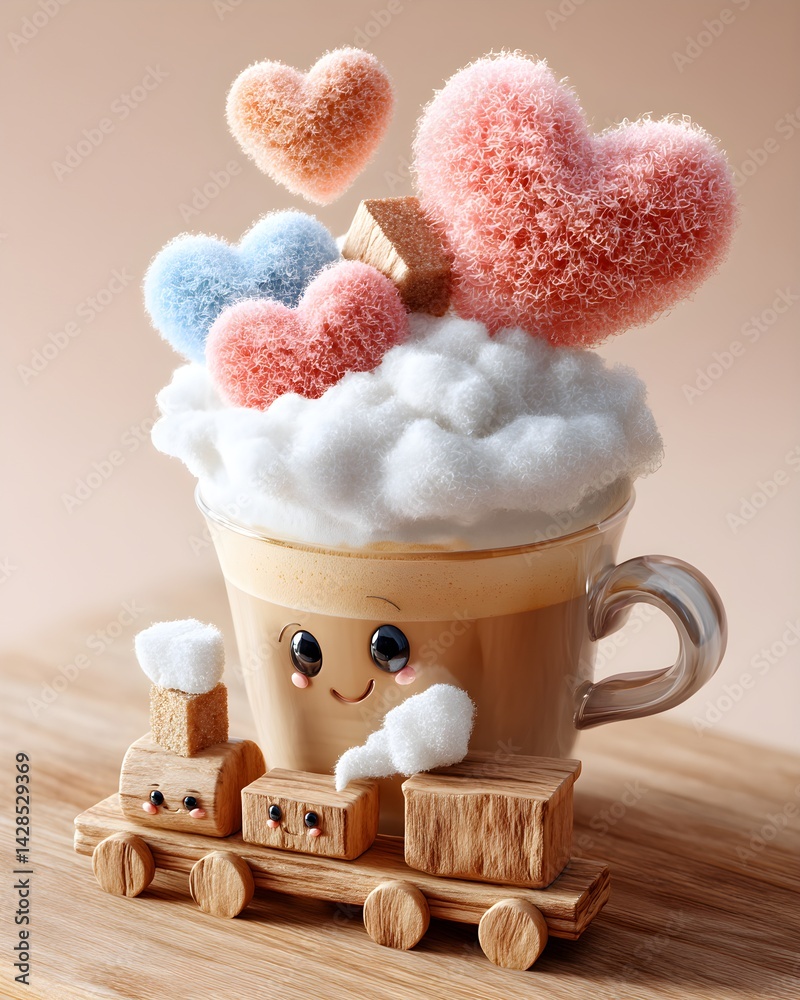 A whimsical coffee cup with cartoon eyes joyfully riding a wooden cube-shaped train, blending playful character design with imaginative fun.
